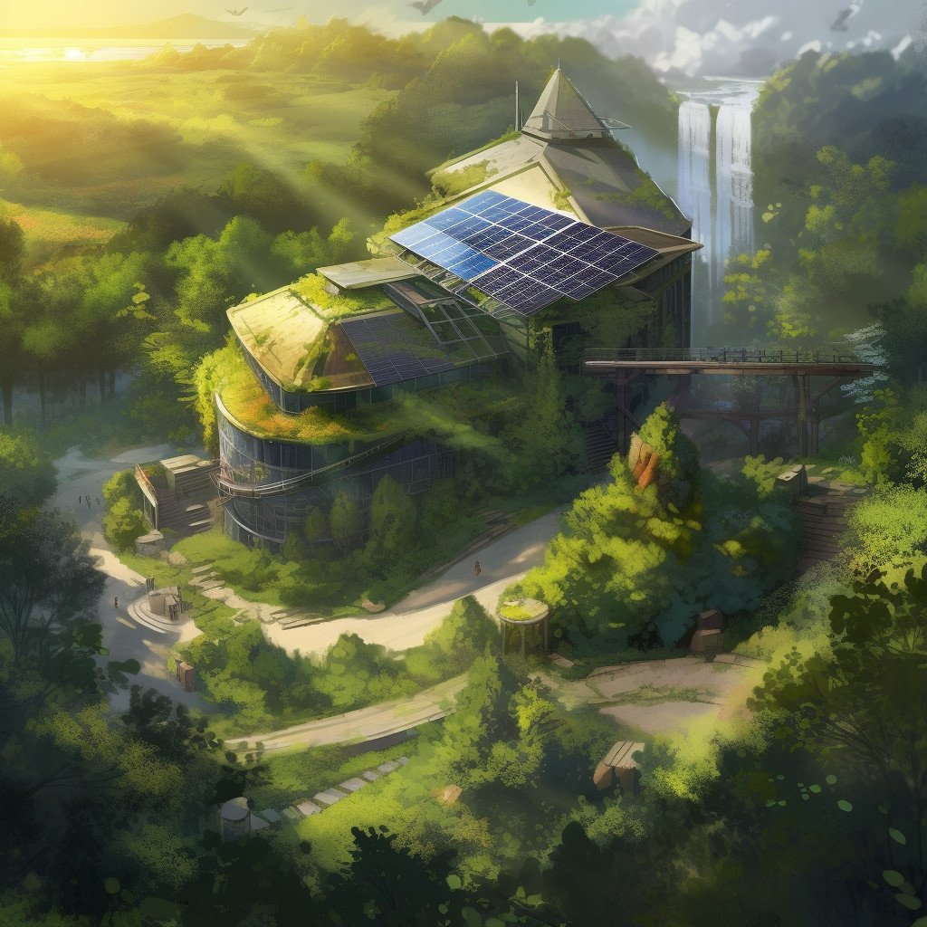 Solarpunk city with lush greenery and glowing sun